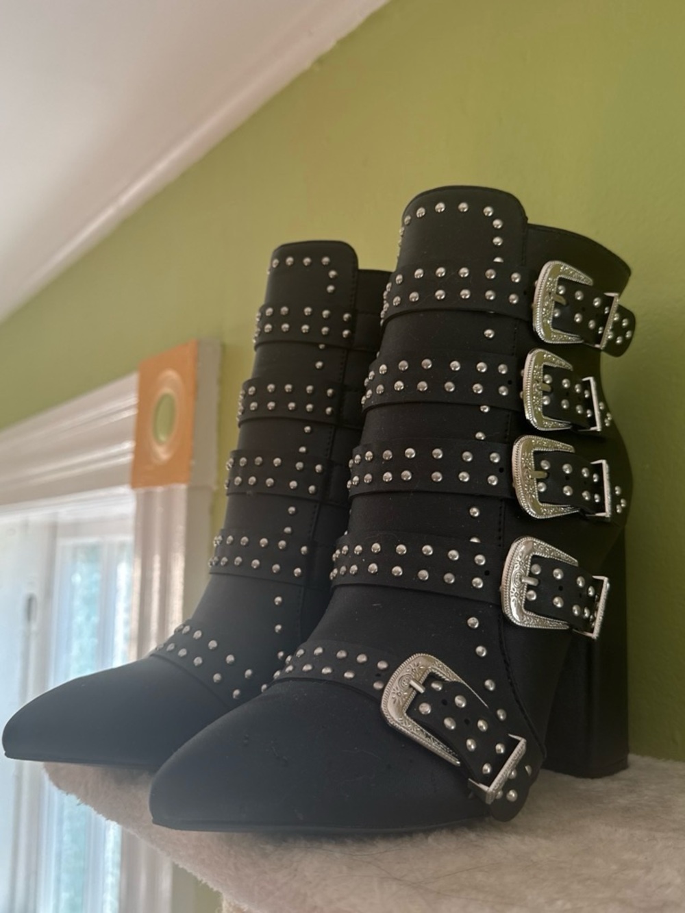 Wild Diva Black Studded Buckle Ankle Boots